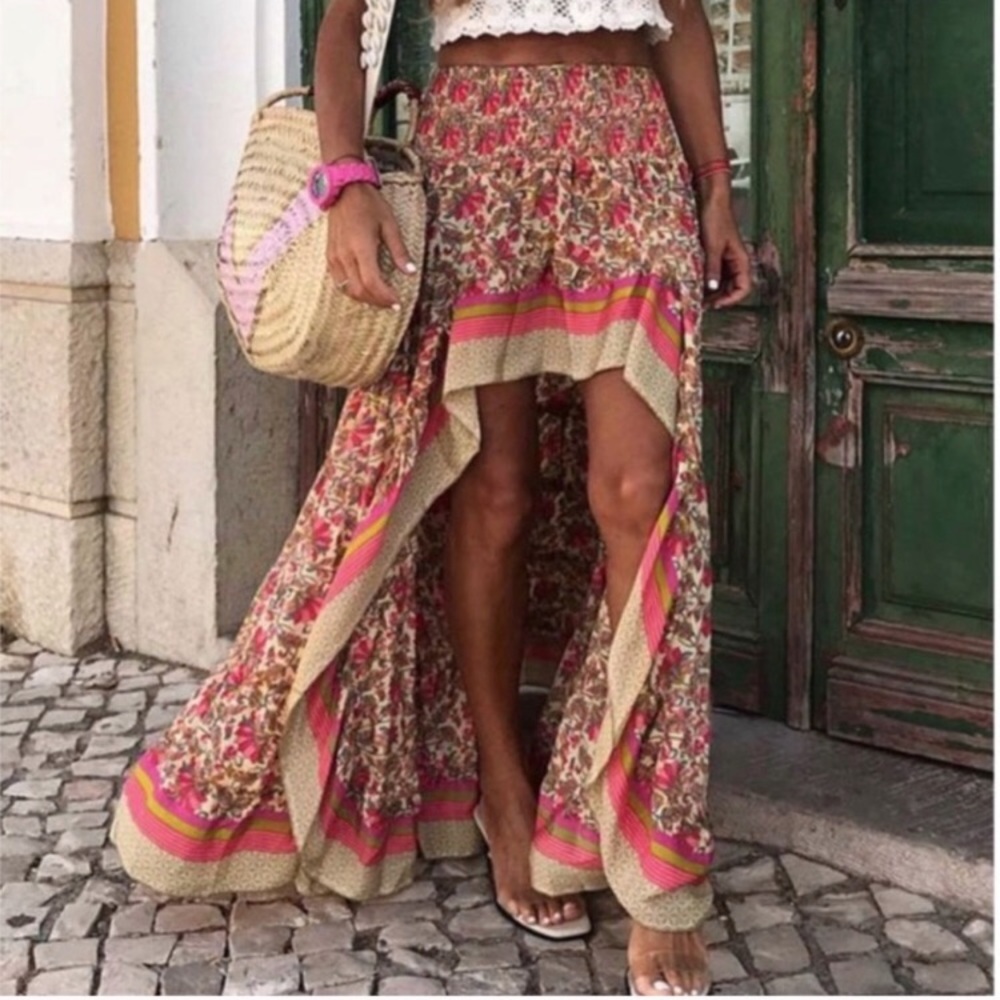 HP! Boho Pink & Red Floral High Low Maxi Skirt